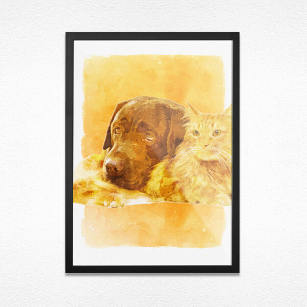 Quadro do Pet Personalizado Aqua A3, com moldura preta e fundo branco. Medidas de 30x42 cm e arte em aquarela que destaca a delicadeza e a personalidade do seu pet.
