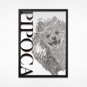 Quadro do Pet Personalizado Cristal A3 (30x42 cm) com moldura preta. Impressão em acrílico transparente, criando um efeito flutuante e sofisticado.