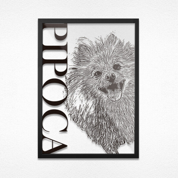 Quadro do Pet Personalizado Cristal A3 (30x42 cm) com moldura preta. Impressão em acrílico transparente, criando um efeito flutuante e sofisticado.
