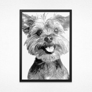 Quadro do Pet Personalizado Nanquim A3 (30x42 cm) com moldura preta e fundo branco. Design minimalista em line art, que valoriza a imagem do seu pet com elegância e estilo.